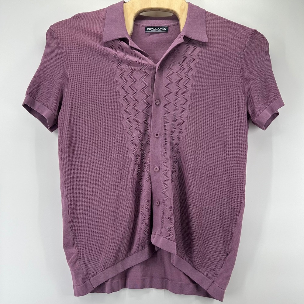 PJ Paul Jones Knit Polo Shirt Mens XL Purple Pointelle Button Up Retro Chevron